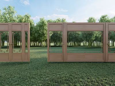 Modern Wooden Gate With Glass Panels And Green Grass Surrounded By Tall Trees 3d model