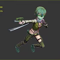 3D Game Character With Teal Hair Green White Outfit Holding Gun In Combat Pose