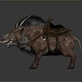 Wild Boar with Long Tusks Shaggy Mane and Leather Saddle in Detailed
