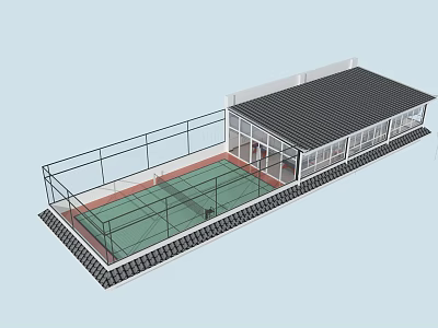 Outdoor Tennis Court With Fenced Green Surface And Building Structure 3d model