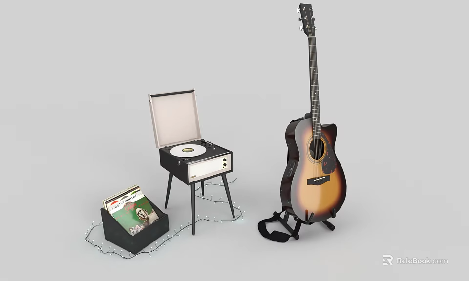 Vintage Musical Instruments Collection With Acoustic Guitar Vinyl Record Player And Record Case 3d model 