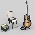 Vintage Musical Instruments Collection With Acoustic Guitar Vinyl Record Player And Record Case
