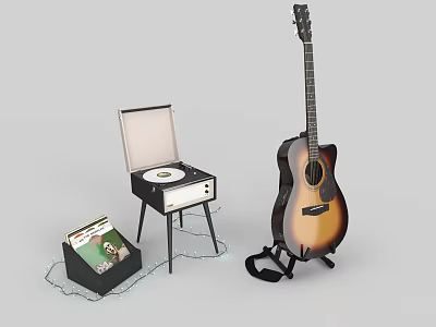 Vintage Musical Instruments Collection With Acoustic Guitar Vinyl Record Player And Record Case 3d model