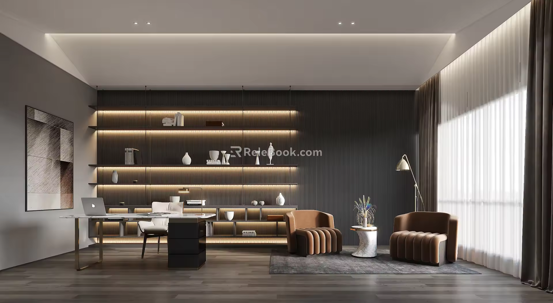 Light Luxury Study Bookcase Desk Casual Table and Chair Floor Lamp 3d model
