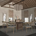 Rustic Dining Room Interior with Woven Chandelier Thatched Ceiling Bamboo Blinds Wooden Table Rattan Chairs