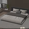 Minimalist Double Bed with Upholstered Headboard Light Bedding Gray Pillow Nightstand Lamp and Green Plant