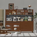 Wooden Sideboard with Kitchen Items and Plant Next to Vintage Refrigerator and Chair