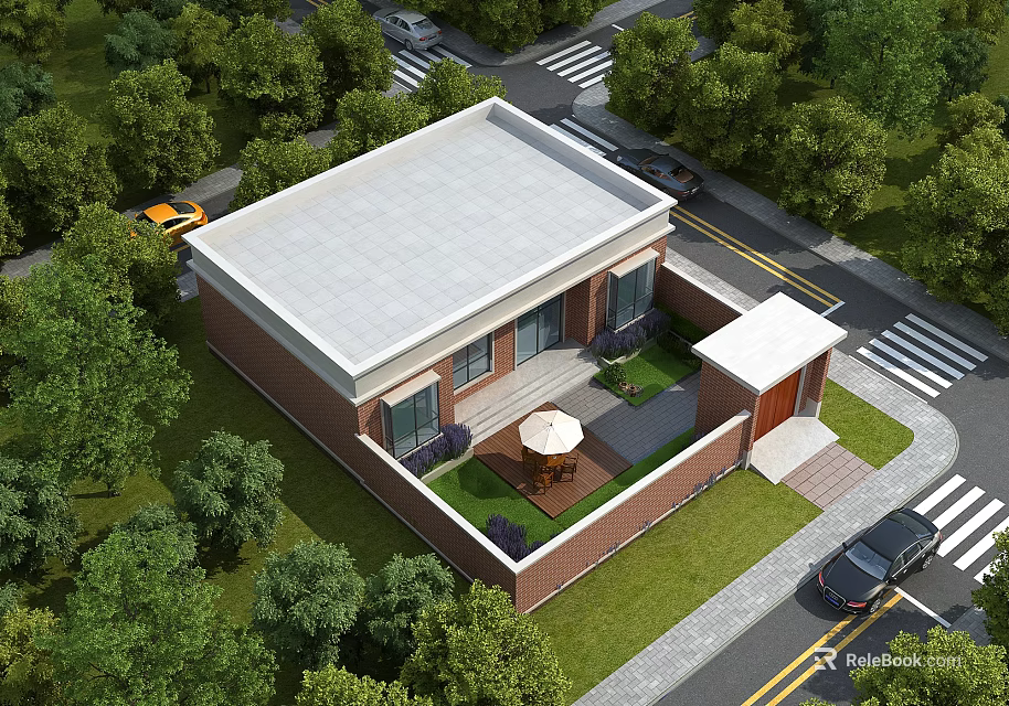 Detached Villa with Red Brick Exterior White Roof Green Lawn Trees Courtyard Outdoor Furniture 3d model 