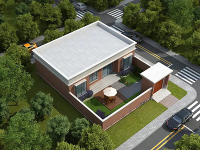 Detached Villa with Red Brick Exterior White Roof Green Lawn Trees Courtyard Outdoor Furniture 3d model