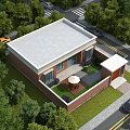 Detached Villa with Red Brick Exterior White Roof Green Lawn Trees Courtyard Outdoor Furniture