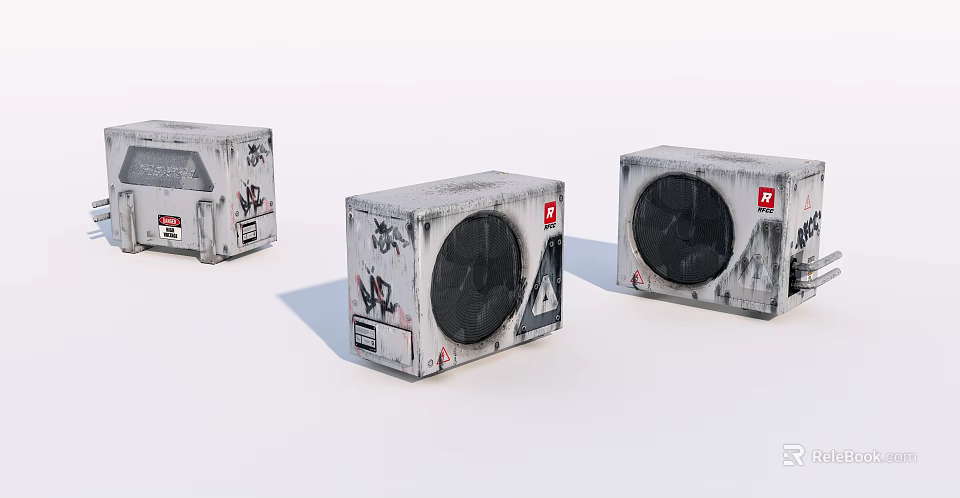 Three Graffiti Patterned Gray Speakers with Retro Design and Brand Logos 3d model