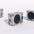 Three Graffiti Patterned Gray Speakers with Retro Design and Brand Logos 3d model
