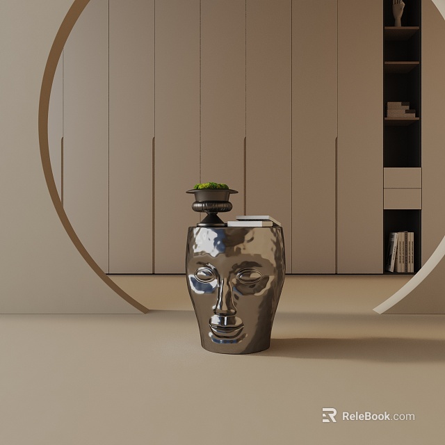 Silver Face Shaped Side Table With Small Potted Plant In Modern Living Room 3d model 