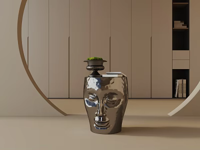 Silver Face Shaped Side Table With Small Potted Plant In Modern Living Room 3d model