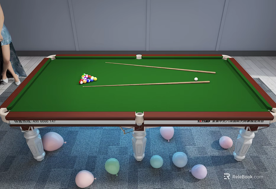 Billiard Table With Green Felt Surface Colored Balls Cues And Colorful Balloons Under Table 3d model 