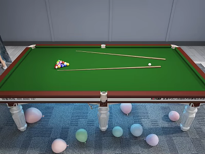 Billiard Table With Green Felt Surface Colored Balls Cues And Colorful Balloons Under Table 3d model