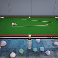 Billiard Table With Green Felt Surface Colored Balls Cues And Colorful Balloons Under Table