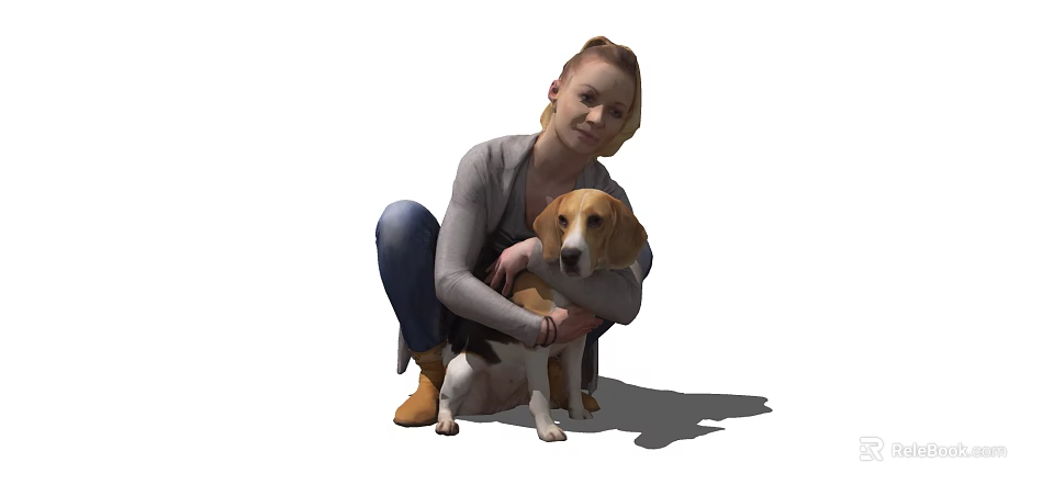 Woman Crouching Hugging Her Friendly Beagle Dog In Gray Cardigan And Jeans 3d model 