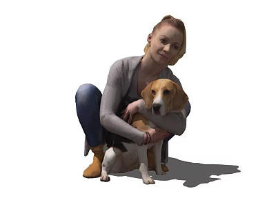 Woman Crouching Hugging Her Friendly Beagle Dog In Gray Cardigan And Jeans 3d model