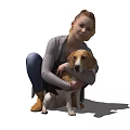 Woman Crouching Hugging Her Friendly Beagle Dog In Gray Cardigan And Jeans
