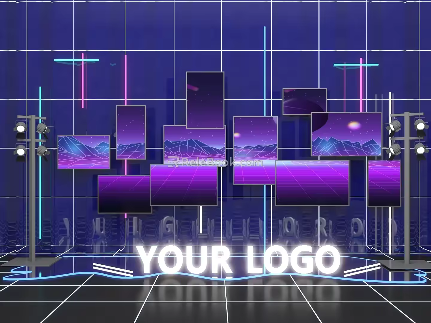 The future of technology Cyberpunk TV multi-screen beauty Chen photo clock-in photo area 3d model