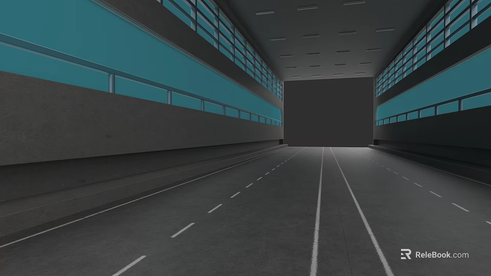 Modern Commercial Complex Interior With Spacious Corridor Blue Windows Gray Flooring And White Lines 3d model