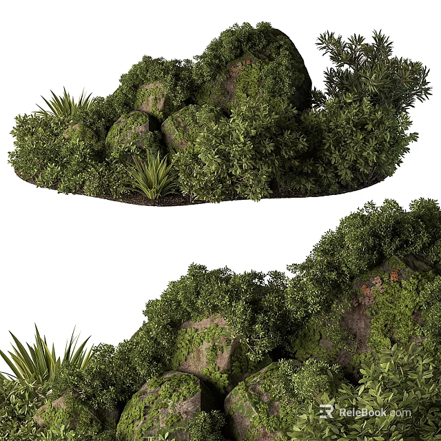 Natural Style Mini Landscape Decorative Ornament Set with Green Plants and Rocks 3d model 