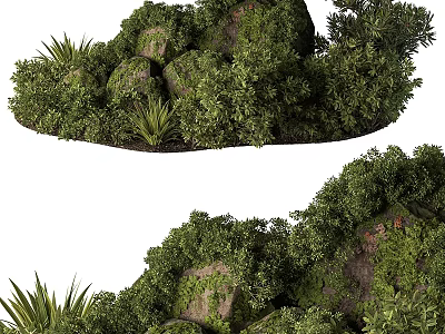 Natural Style Mini Landscape Decorative Ornament Set with Green Plants and Rocks 3d model