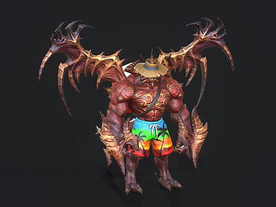 Muscular Game Movie Demon Character With Giant Spiked Wings Red Skin Straw Hat Colorful Shorts 3d model