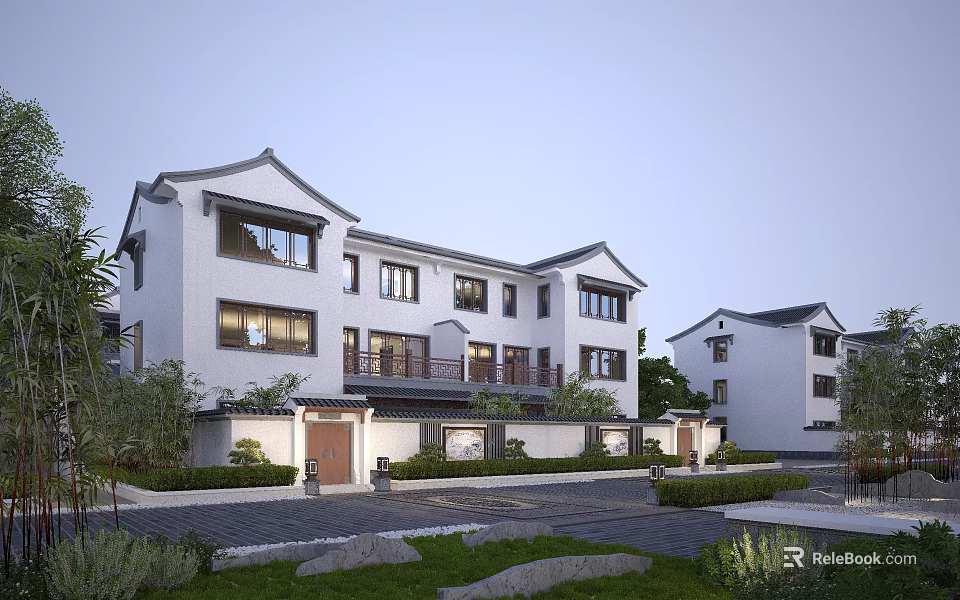 Chinese Style Twin Villa Exterior Featuring Traditional Architecture And Landscaping 3d model 