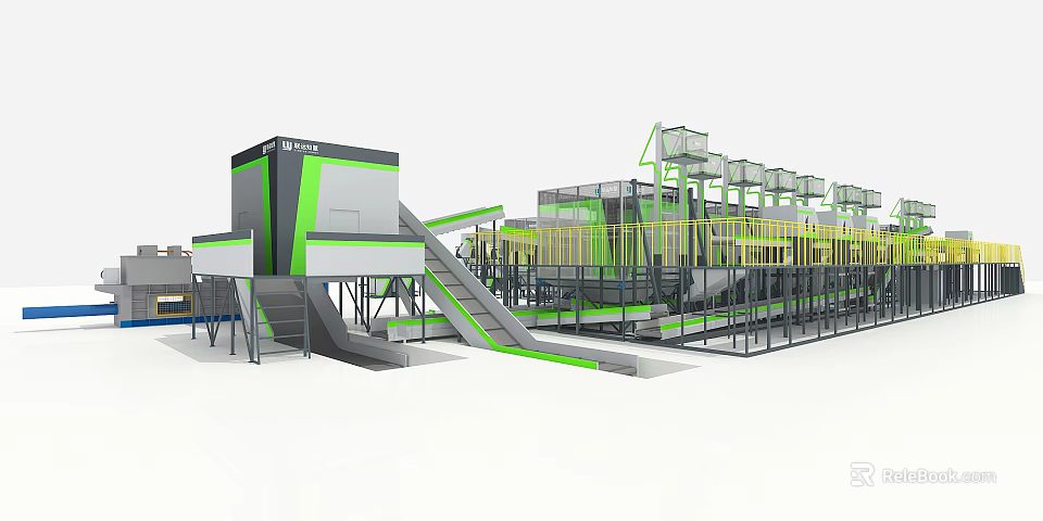 Modern Industrial Production Line Featuring Green Gray Machinery And Conveyor Systems 3d model 
