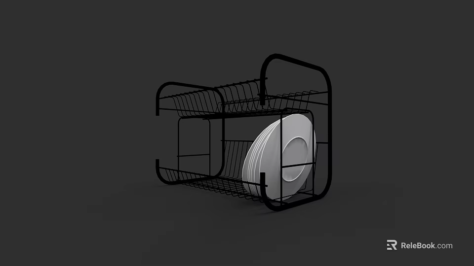 Black Metal Dish Rack With White Plates For Kitchen Organization 3d model 