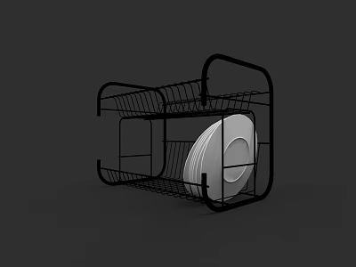 Black Metal Dish Rack With White Plates For Kitchen Organization 3d model