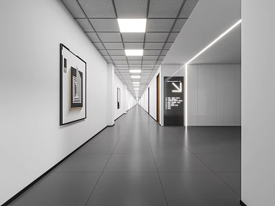 Long Modern Office Corridor Featuring White Walls Gray Flooring Framed Paintings And Ceiling Lights 3d model
