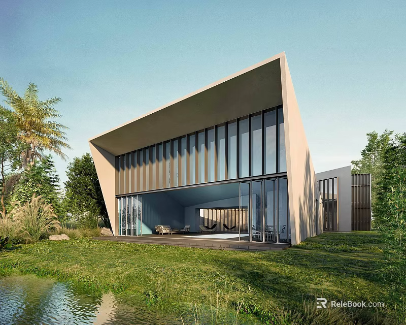 Modern Detached Villa With Sloped Roof Large Glass Windows Lush Lawn And Pond 3d model 