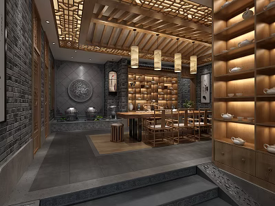 Traditional Chinese Tea House Interior With Latticed Wooden Ceiling Wooden Shelves Tea Sets And Tables 3d model