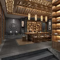 Traditional Chinese Tea House Interior With Latticed Wooden Ceiling Wooden Shelves Tea Sets And Tables