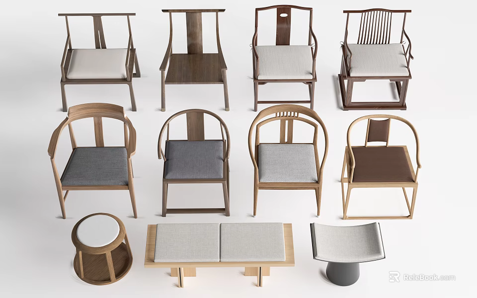 Various Design Leisure Chairs With Wooden Frames Different Backrest Styles And Gray Beige Cushions 3d model