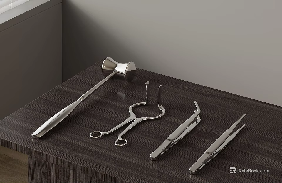 Stainless Steel Medical Instruments Precision Surgical Tools Various Types on Wooden Table 3d model 