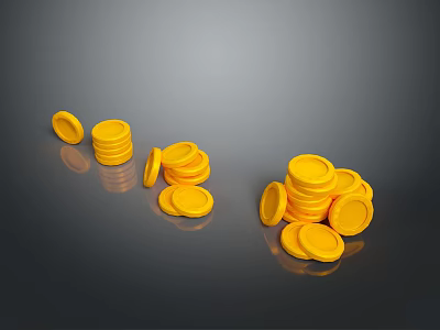 Small Yellow Stacked And Scattered Coins As Daily Household Items On Gray Surface 3d model
