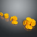 Small Yellow Stacked And Scattered Coins As Daily Household Items On Gray Surface