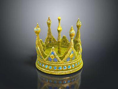Golden Crown Sculpture with Intricate Carving Decorated with Blue Gemstones and Elegant Design 3d model