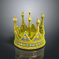 Golden Crown Sculpture with Intricate Carving Decorated with Blue Gemstones and Elegant Design