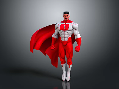 A Muscular Man In Red And White Superhero Costume With Red Cape And Chest Emblem 3d model