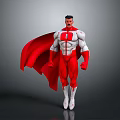 A Muscular Man In Red And White Superhero Costume With Red Cape And Chest Emblem