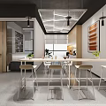 Modern Public Office Lounge With Circular Ceiling Lights Blue Sofa And Bookshelves