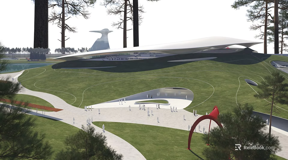Park Landscape Featuring Green Lawn Winding Paths People Walking Red Arch Trees and White Sculpture 3d model 