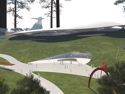 Park Landscape Featuring Green Lawn Winding Paths People Walking Red Arch Trees and White Sculpture 3d model