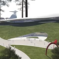 Park Landscape Featuring Green Lawn Winding Paths People Walking Red Arch Trees and White Sculpture