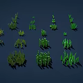 Varied Green Grass Collection with Different Shapes Sizes on Dark Blue Background